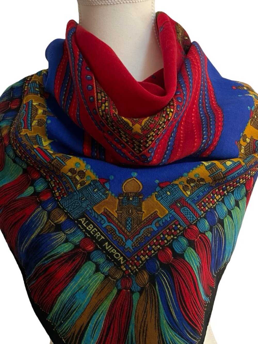 Albert Nipon Large Square Scarf Red Blue Tassel Print 38 x 38